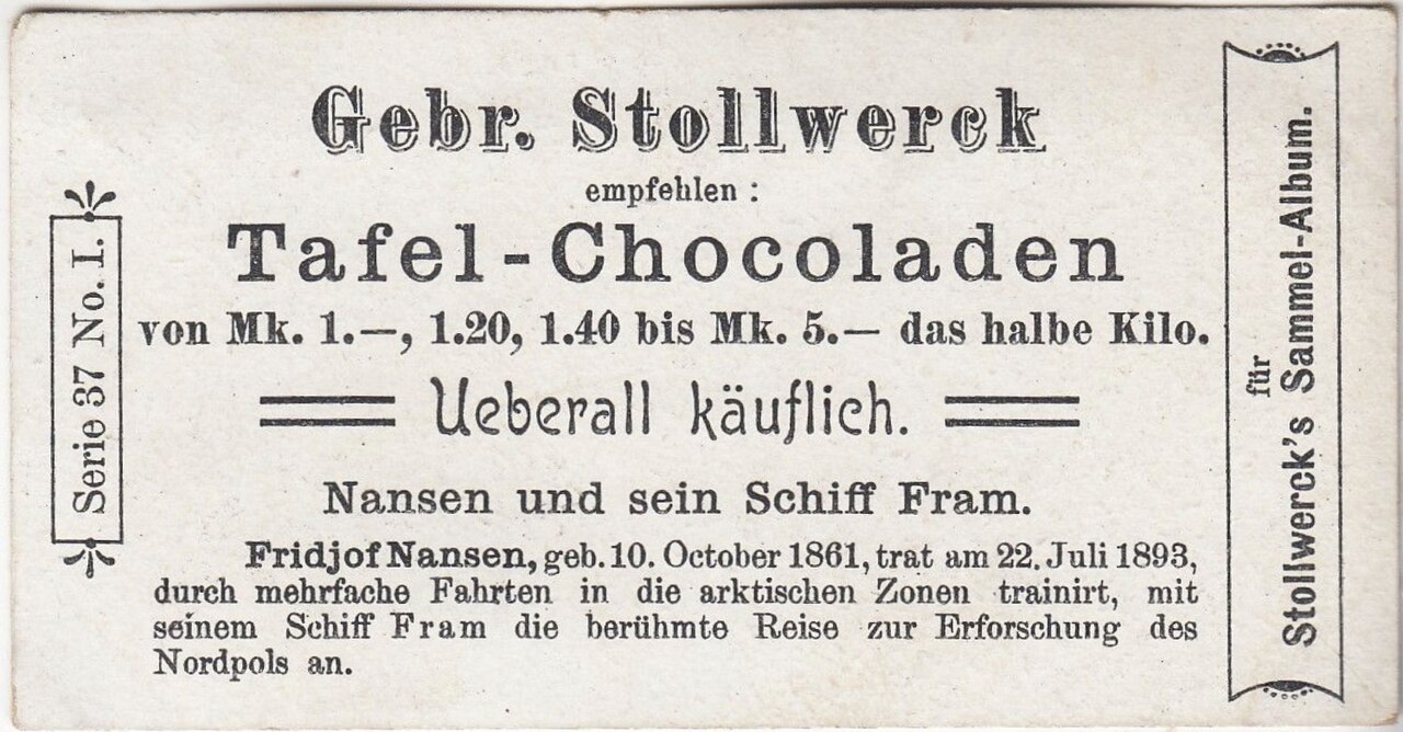 A German chocolate trading card from 1899 depicting Nansen's Fram expedition to the North Pole