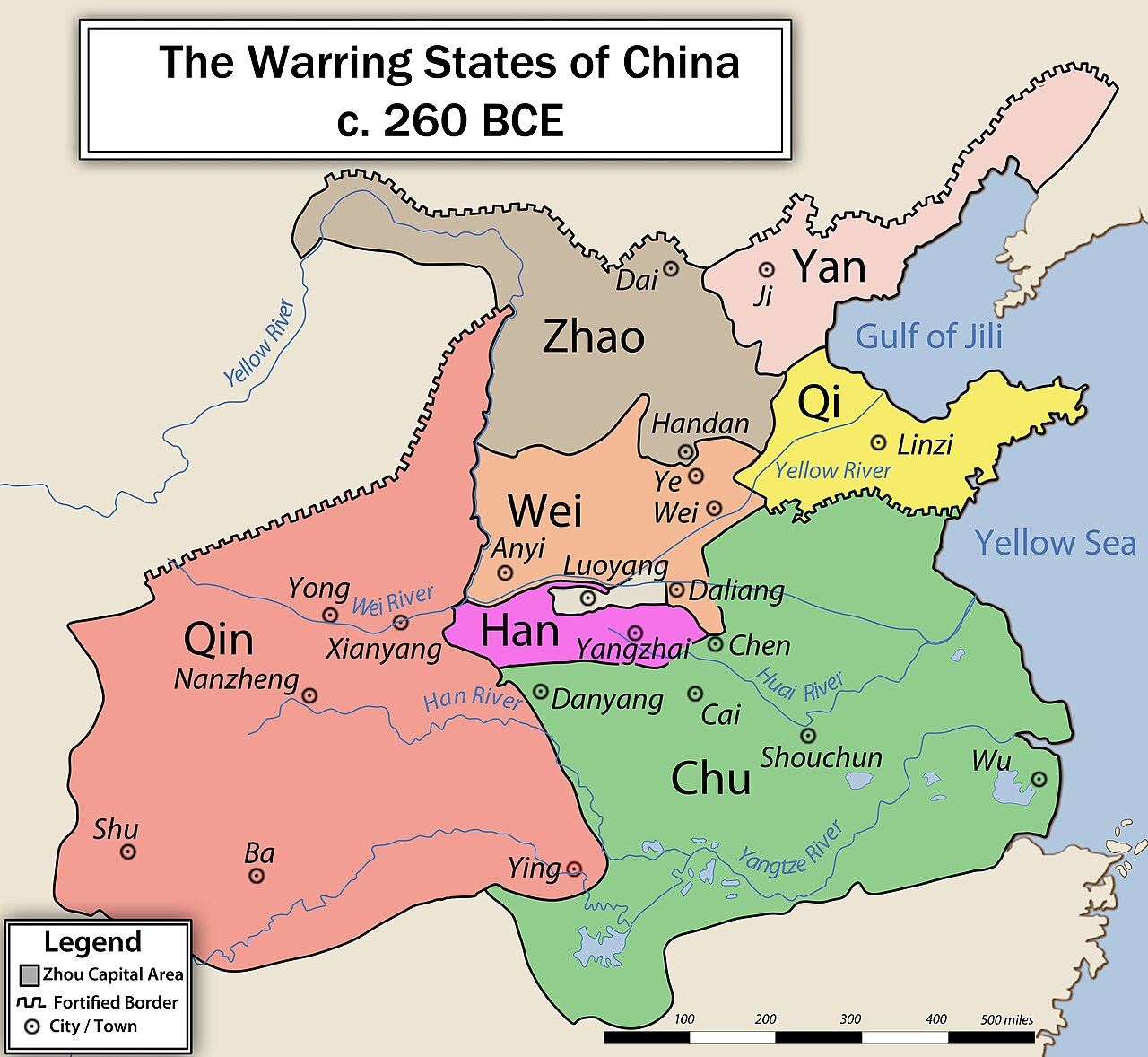 Map of the Seven Warring States around 260 BC, with Qin occupying the western frontier. Map of the Seven Warring States around 260 BC, with Qin occupying the western frontier.